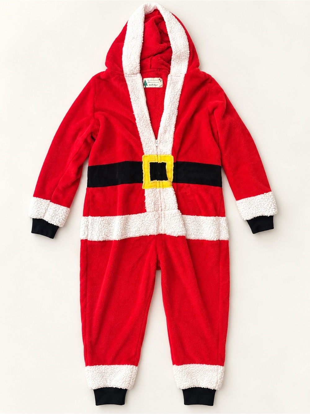 Derek Heart Red Santa Hooded Onesie with White Trim, Black Belt & Yellow Buckle
